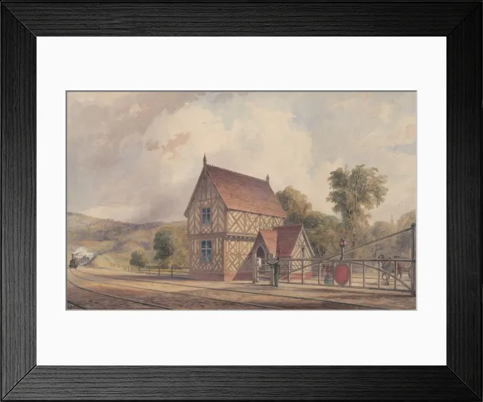 Framed Print : Tudor Style Rural Train Station and Railroad Crossing, 1844-77 Framed Print : Tudor Style Rural Train Station and Railroad Crossing, 1844-77