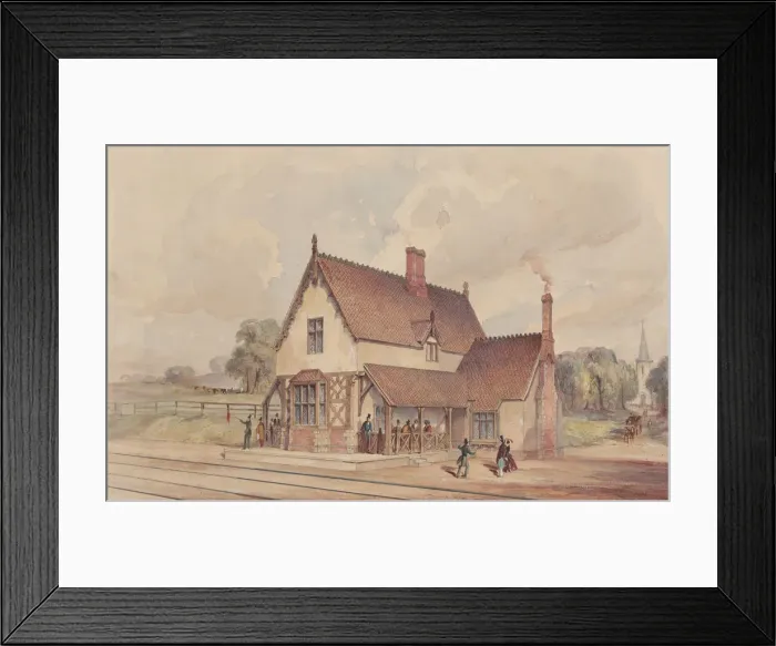 Framed Print : Victorian Rural Train Station and Railroad Crossing, 1844-77. Creator: John Connell Ogle Framed Print : Victorian Rural Train Station and Railroad Crossing, 1844-77. Creator: John Connell Ogle