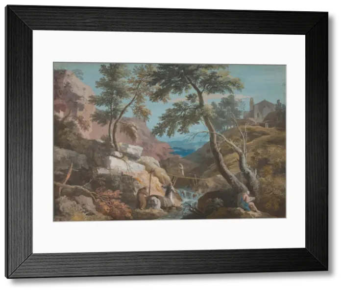 Framed Print : Mountainous Landscape with Hermits, ca. 1700-1730. Creator: Marco Ricci