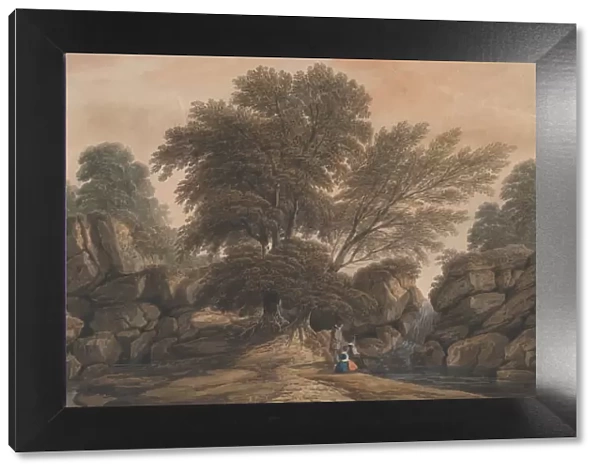 Figures Beside a Waterfall and Pool in a Wooded Landscape, 1812. Creator: John Varley I