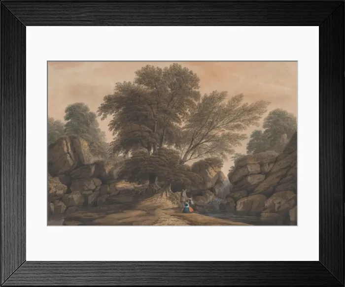 Framed Print : Figures Beside a Waterfall and Pool in a Wooded Landscape, 1812. Creator: John Varley I Framed Print : Figures Beside a Waterfall and Pool in a Wooded Landscape, 1812. Creator: John Varley I