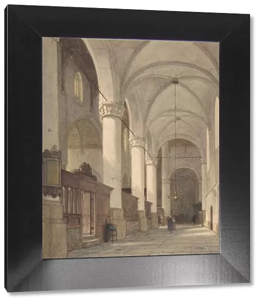 Vaulted Side Aisle of a Church, with Figures, 19th century. Creator: Johannes Bosboom