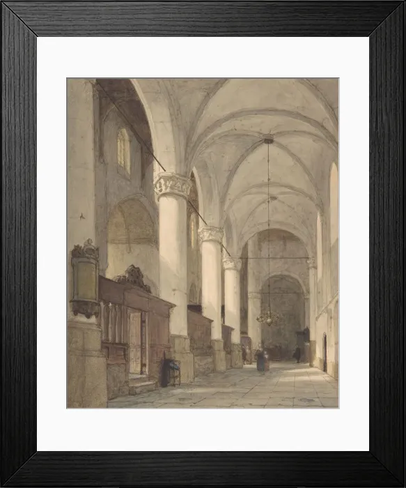 Framed Print : Vaulted Side Aisle of a Church, with Figures, 19th century. Creator: Johannes Bosboom