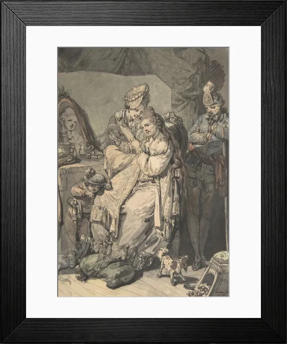 Framed Print : A Woman at her Toilet with a Maid, a Boy, a Dog and a Young Soldier; verso: A Sketch Framed Print : A Woman at her Toilet with a Maid, a Boy, a Dog and a Young Soldier; verso: A Sketch