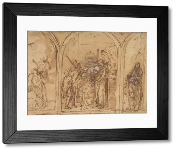 Framed Print : A Design for a Triptych with the Adoration of the Two Saints, early 17th century Framed Print : A Design for a Triptych with the Adoration of the Two Saints, early 17th century