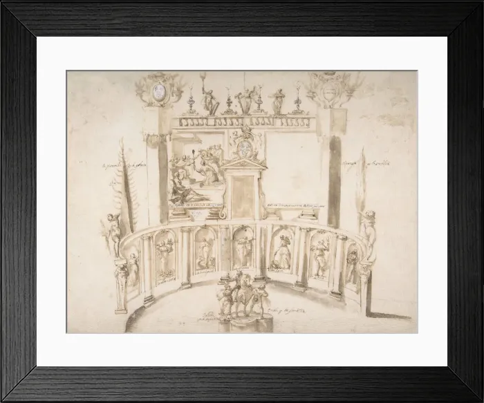 Framed Print : Design for a Garden Fete with a Semi-circular Wall and Statues in Niches. ca Framed Print : Design for a Garden Fete with a Semi-circular Wall and Statues in Niches. ca