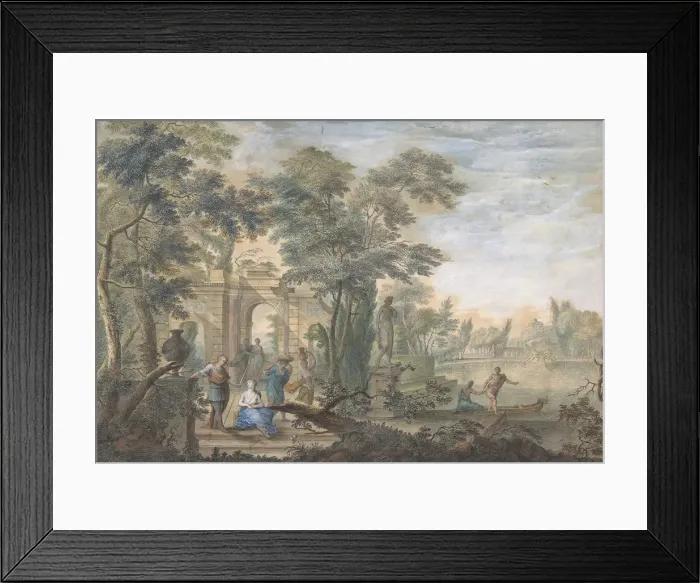 Framed Print : Arcadian Landscape with several Figures and a Statue of Diana, 18th century Framed Print : Arcadian Landscape with several Figures and a Statue of Diana, 18th century