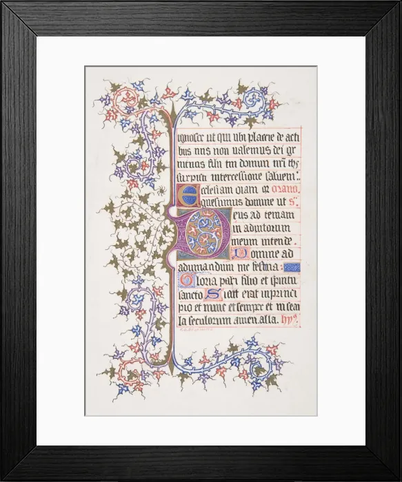 Framed Print : Illuminated Leaf with Initial E (recto); Vine Border (verso), 1830-62 Framed Print : Illuminated Leaf with Initial E (recto); Vine Border (verso), 1830-62