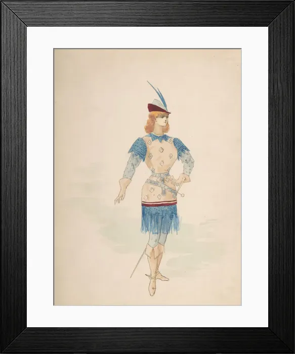 Framed Print : Costume Design for a Cavalier (?) in Blue and Burgundy with Feathered Cap and Sword, n. d Framed Print : Costume Design for a Cavalier (?) in Blue and Burgundy with Feathered Cap and Sword, n. d
