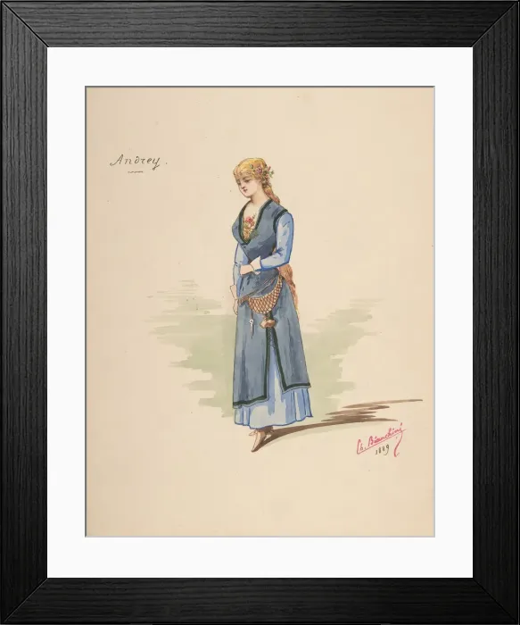 Framed Print : Costume Design for Andrey [a]; Descriptive sheet of Accessories [b], 1889