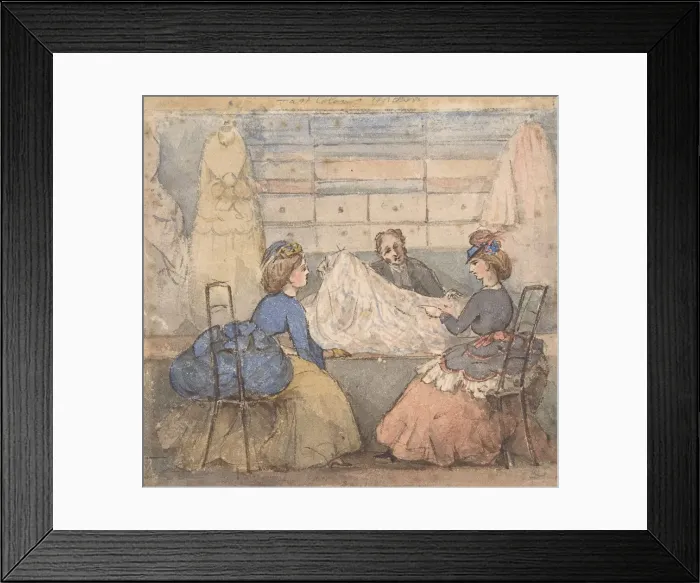 Framed Print : Two Women Looking at Fabric in a Shop, 19th century. Creator: Anon Framed Print : Two Women Looking at Fabric in a Shop, 19th century. Creator: Anon