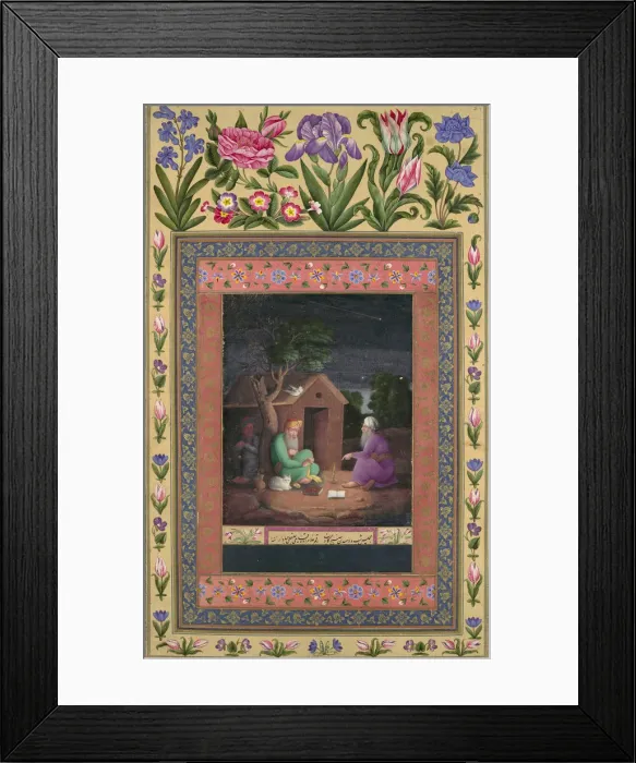 Framed Print : Two Old Men in Discussion Outside a Hut, Folio from the Davis Album, A. H. 1085  /  A. D. 1674-75