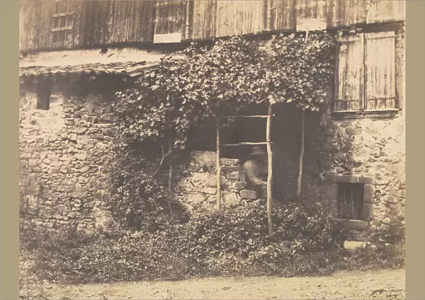 [Rustic Building with Man under Trellis], ca. 1853. Creator: Andre Giroux