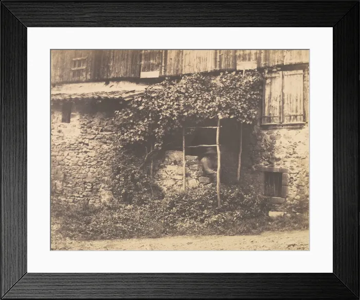 Framed Print : [Rustic Building with Man under Trellis], ca. 1853. Creator: Andre Giroux