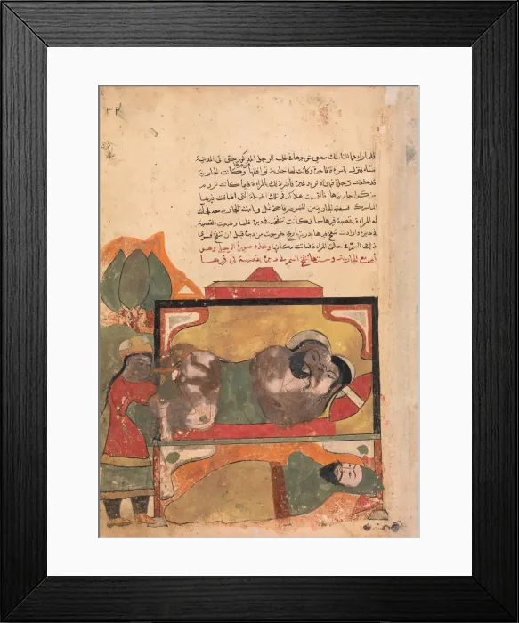 Framed Print : The Ascetic Witnesses the Woman Trying to Poison the Lover, Folio from a Kalila Framed Print : The Ascetic Witnesses the Woman Trying to Poison the Lover, Folio from a Kalila