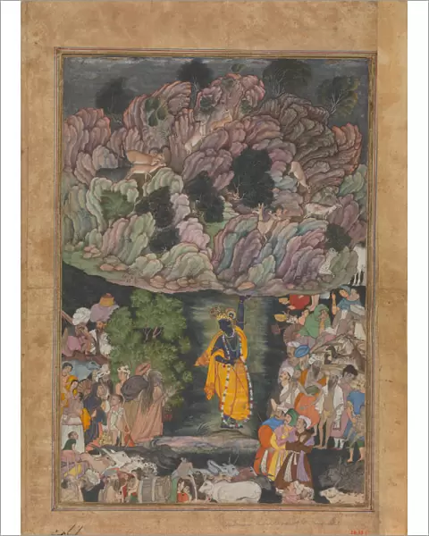 Krishna Holds Up Mount Govardhan to Shelter the Villagers of Braj, Folio from... ca