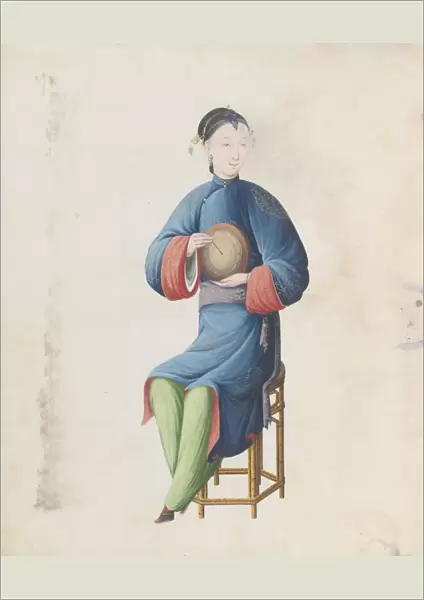 Watercolour of musician playing diangu, late 18th century. Creator: Unknown