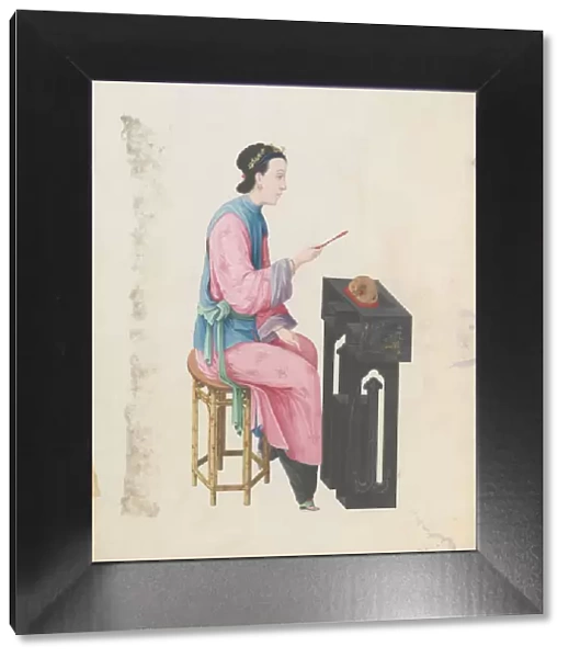 Watercolour of musician playing mu yu, late 18th century. Creator: Unknown