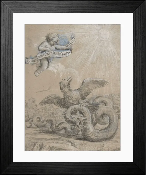 Framed Print : Design with an Eagle Fighting with a Serpent and a Putto in the Sky Holding