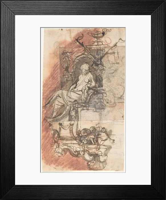 Framed Print : Design for a sepulchral monument with a seated female figure; verso Framed Print : Design for a sepulchral monument with a seated female figure; verso