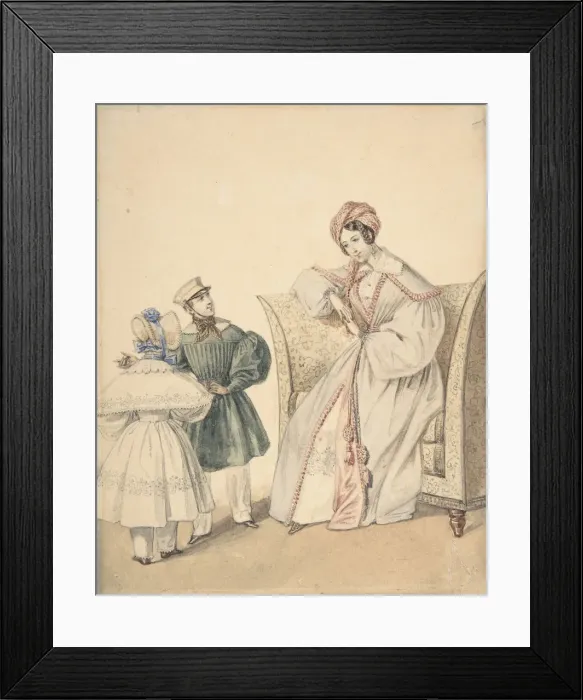 Framed Print : Fashion Drawing with a Woman Seated in a Chair with a Boy and Girl, 19th century Framed Print : Fashion Drawing with a Woman Seated in a Chair with a Boy and Girl, 19th century