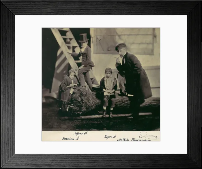 Framed Print : [Hermine, Alfons and Eugen Antoine and Mathias Housermann on a fallen tree]