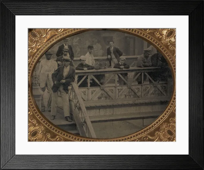 Framed Print : Group of Men and Boys Standing Along the Railing of the Fulton Street Bridge, 1866-68 Framed Print : Group of Men and Boys Standing Along the Railing of the Fulton Street Bridge, 1866-68