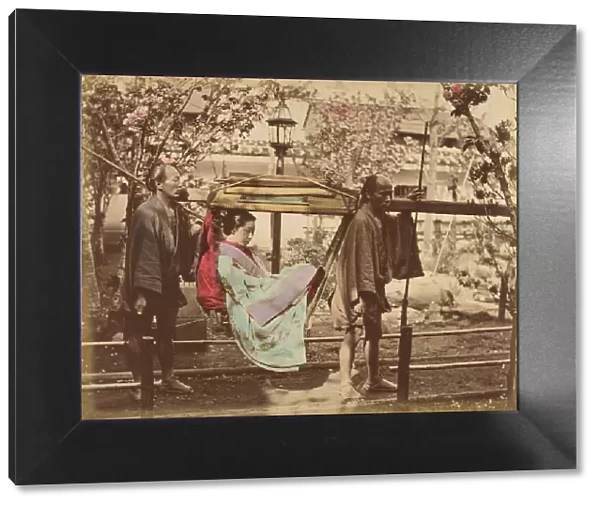 [Japanese Woman in a Chair Carried by Two Men], 1870s. Creator: Unknown