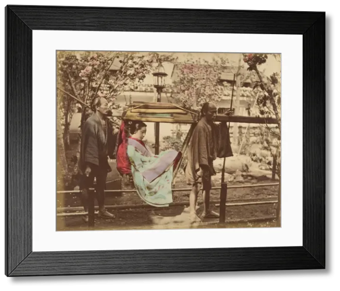 Framed Print : [Japanese Woman in a Chair Carried by Two Men], 1870s. Creator: Unknown