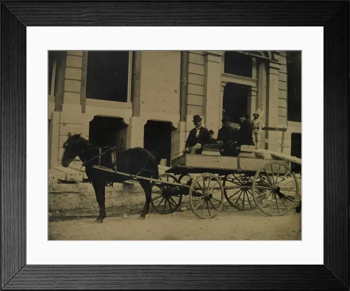Framed Print : Three Men Seated in a Horse-Drawn Buggy in Front of a Building Under Construction Framed Print : Three Men Seated in a Horse-Drawn Buggy in Front of a Building Under Construction