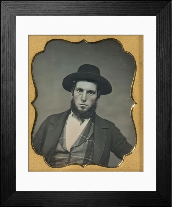 Framed Print : Bewhiskered Man in Hat and Plaid Vest, 1850s. Creator: Unknown Framed Print : Bewhiskered Man in Hat and Plaid Vest, 1850s. Creator: Unknown
