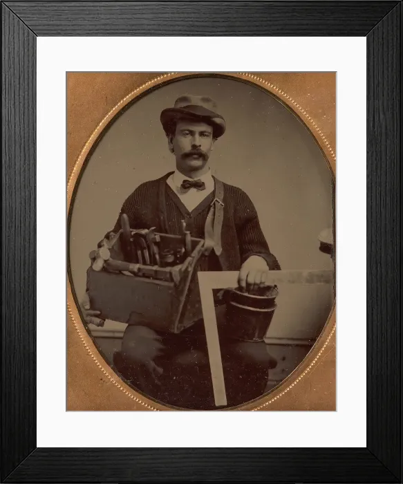 Framed Print : Carpenter Holding a Bag of Tools and a Square, 1880-90s. Creator: Unknown Framed Print : Carpenter Holding a Bag of Tools and a Square, 1880-90s. Creator: Unknown