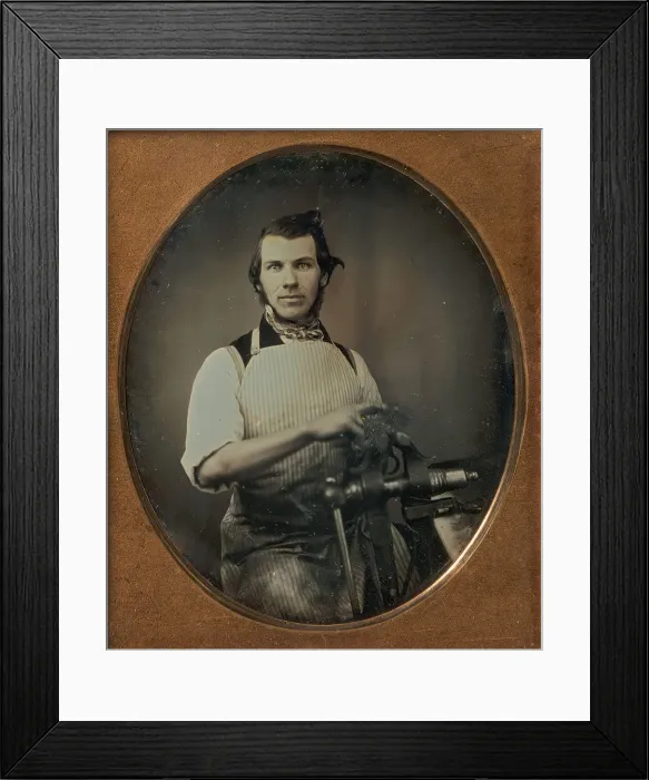 Framed Print : Metalworker in Apron Working with a Vise, 1840s-50s. Creator: Unknown Framed Print : Metalworker in Apron Working with a Vise, 1840s-50s. Creator: Unknown