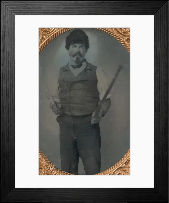 Framed Print : Slate Roofer Holding Slate Hammer and Iron Bar, 1850s-60s. Creator: Unknown Framed Print : Slate Roofer Holding Slate Hammer and Iron Bar, 1850s-60s. Creator: Unknown