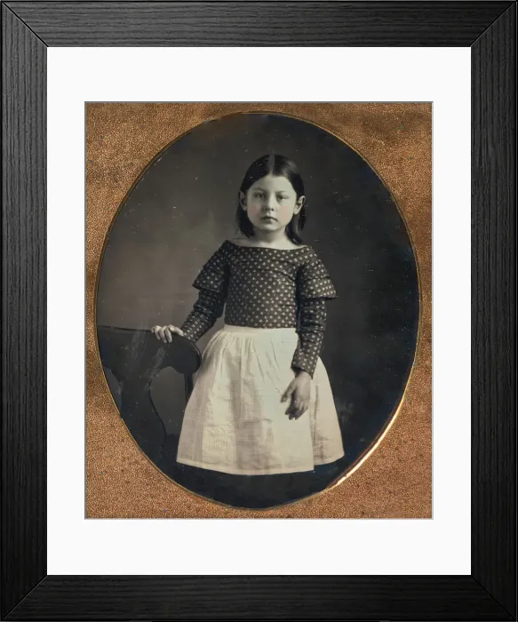 Framed Print : Young Girl Wearing Waist Apron, Resting Hand on Chair, 1840s-50s. Creator: Unknown Framed Print : Young Girl Wearing Waist Apron, Resting Hand on Chair, 1840s-50s. Creator: Unknown