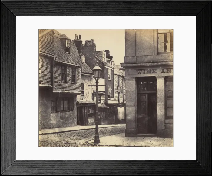 Framed Print : Street with Lamp Post and Wine Shop, 1850s. Creator: Unknown Framed Print : Street with Lamp Post and Wine Shop, 1850s. Creator: Unknown