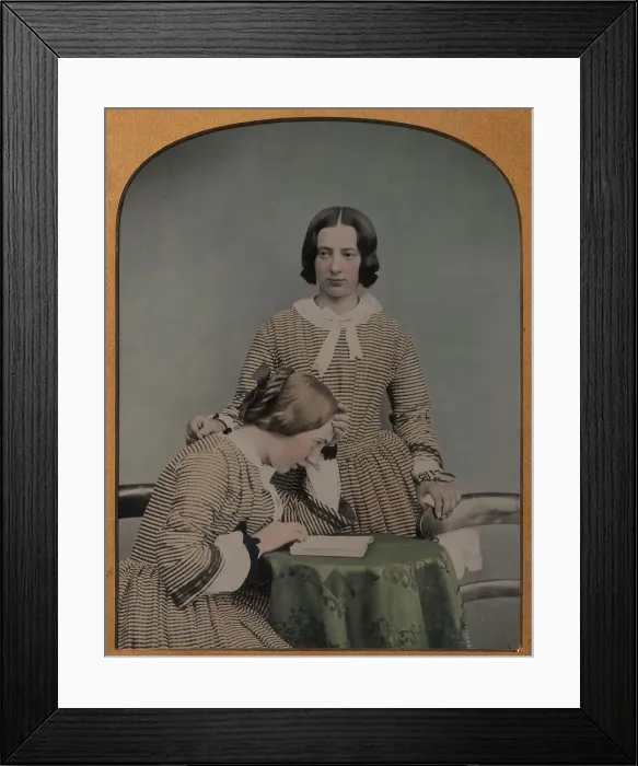 Framed Print : Two Women Wearing Striped Dresses, One Standing, the Other Seated, 1850s-60s Framed Print : Two Women Wearing Striped Dresses, One Standing, the Other Seated, 1850s-60s