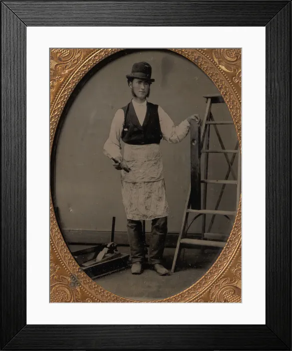 Framed Print : Carpenter with Ladder, Hammer, Level, and Toolbox, 1860s-70s. Creator: Unknown Framed Print : Carpenter with Ladder, Hammer, Level, and Toolbox, 1860s-70s. Creator: Unknown
