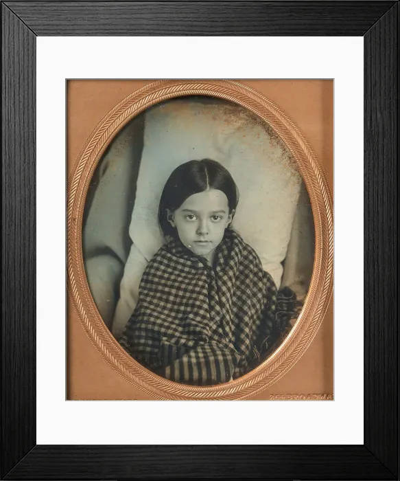 Framed Print : [Young Girl Wearing Gingham Shawl, Resting on Pillow], 1853-56