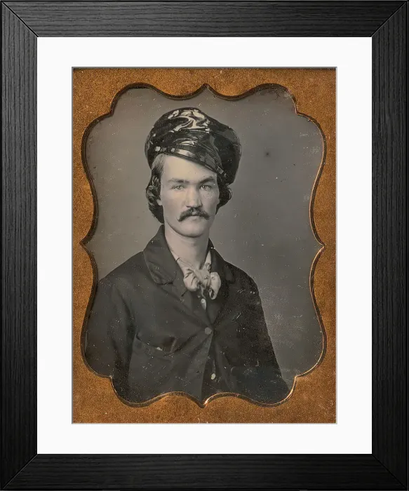 Framed Print : Man with Mustache Wearing Oilskin Hat, 1854-55. Creator: Edward M. Tyler Framed Print : Man with Mustache Wearing Oilskin Hat, 1854-55. Creator: Edward M. Tyler