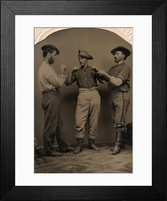 Framed Print : Two Men in Boxing Stance, a Third Man Adjusting One Mans Form, 1860s-80s. Creator: J. C Framed Print : Two Men in Boxing Stance, a Third Man Adjusting One Mans Form, 1860s-80s. Creator: J. C