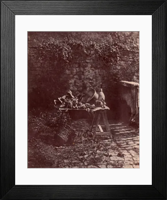 Framed Print : Nature morte: chaudron, cruche, et legumes, sur une table a tretaux Framed Print : Nature morte: chaudron, cruche, et legumes, sur une table a tretaux