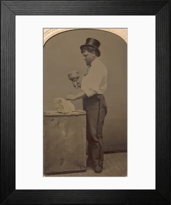 Framed Print : Mason in Top Hat with Mallet, Chisel, and Piece of Stone, 1870s-80s. Creator: J. R Framed Print : Mason in Top Hat with Mallet, Chisel, and Piece of Stone, 1870s-80s. Creator: J. R