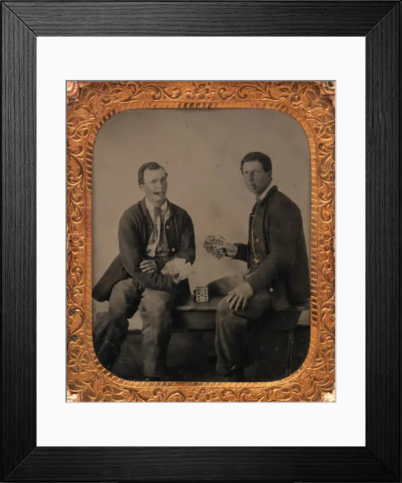Framed Print : Union Soldiers Sitting on Bench, Playing Cards, 1861-65. Creator: Unknown Framed Print : Union Soldiers Sitting on Bench, Playing Cards, 1861-65. Creator: Unknown