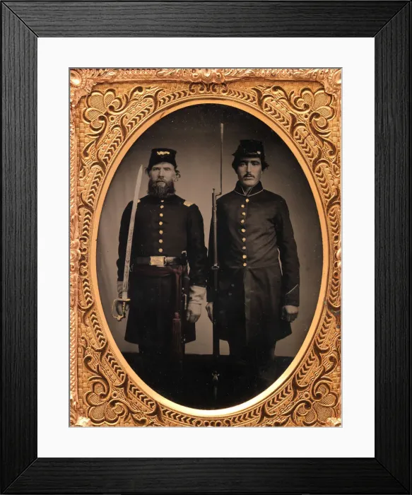 Framed Print : Union Officer and Private, Standing at Attention, with Sword and Rifle with Fixed Bayo Framed Print : Union Officer and Private, Standing at Attention, with Sword and Rifle with Fixed Bayo
