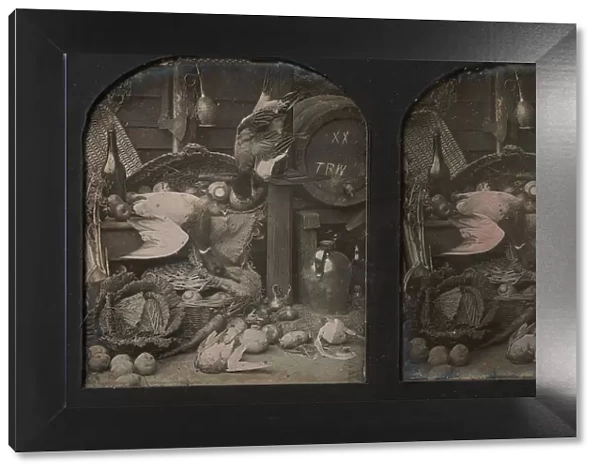 Stereograph Still-life of Fowl with Initialed Barrel and Root Vegetables, 1850s