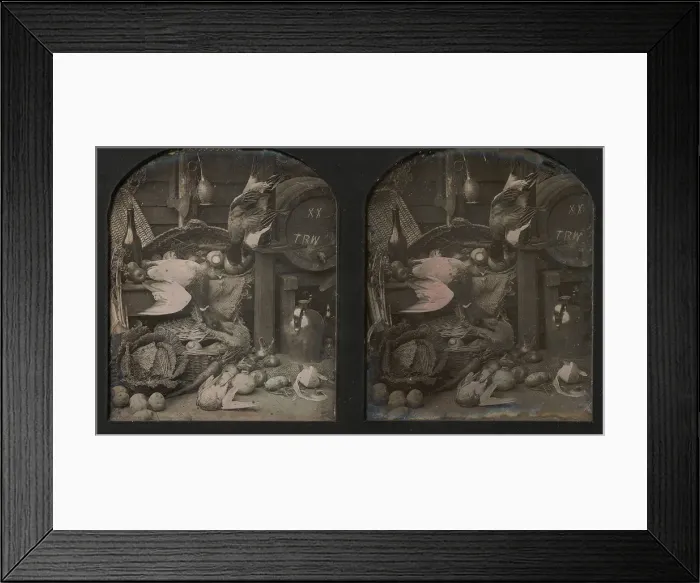 Framed Print : Stereograph Still-life of Fowl with Initialed Barrel and Root Vegetables, 1850s Framed Print : Stereograph Still-life of Fowl with Initialed Barrel and Root Vegetables, 1850s