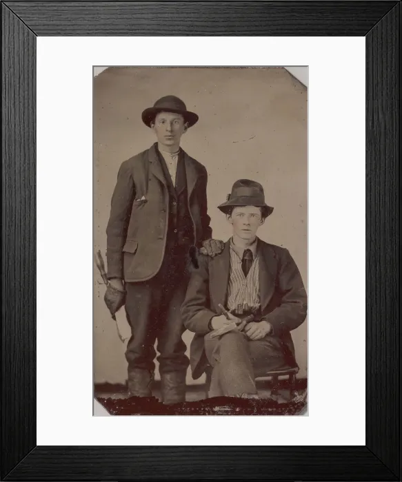 Framed Print : Two Young Men, One Seated and One Standing, Holding Carpentry Tools, 1870s-90s Framed Print : Two Young Men, One Seated and One Standing, Holding Carpentry Tools, 1870s-90s