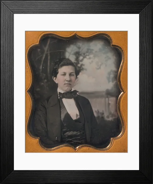 Framed Print : Young Man Seated in Front of Painted Outdoor Backdrop, 1850s. Creator: Unknown Framed Print : Young Man Seated in Front of Painted Outdoor Backdrop, 1850s. Creator: Unknown