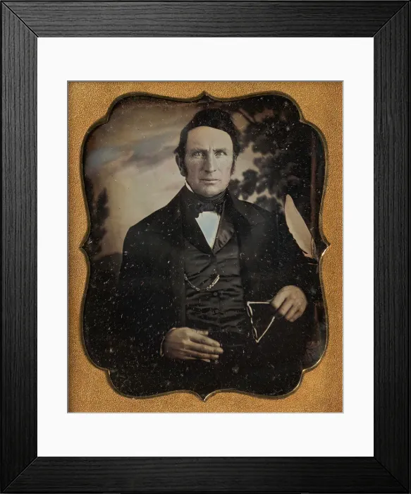 Framed Print : Man Holding Glasses in Front of Painted Outdoor Backdrop, 1850s. Creator: Unknown Framed Print : Man Holding Glasses in Front of Painted Outdoor Backdrop, 1850s. Creator: Unknown